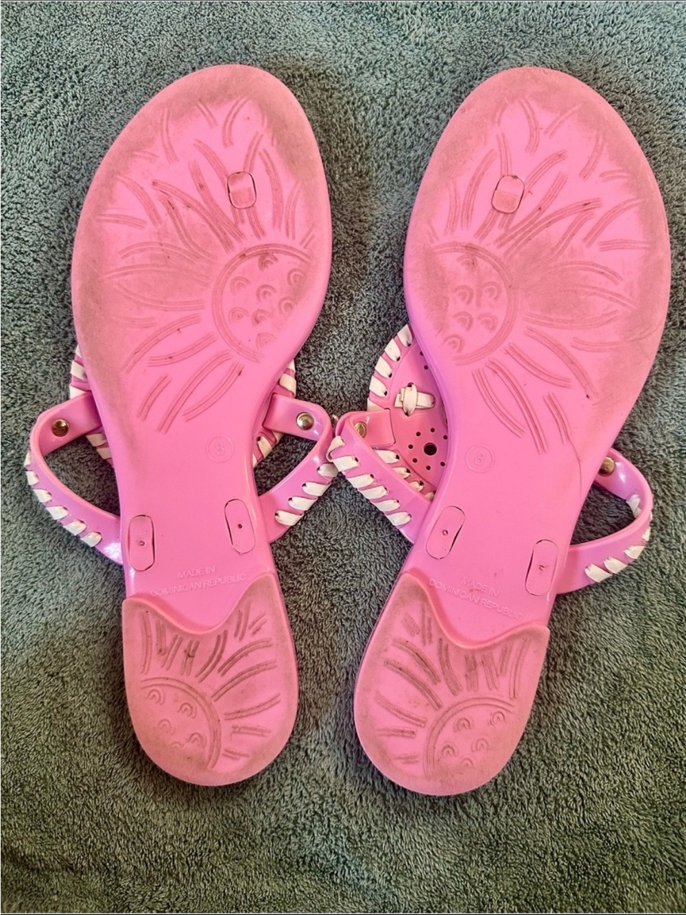 Jack Rogers Pink Stripe Jelly Thong Sandals Whipstitch Medallion Women’s Size 8 - Picture 3 of 4